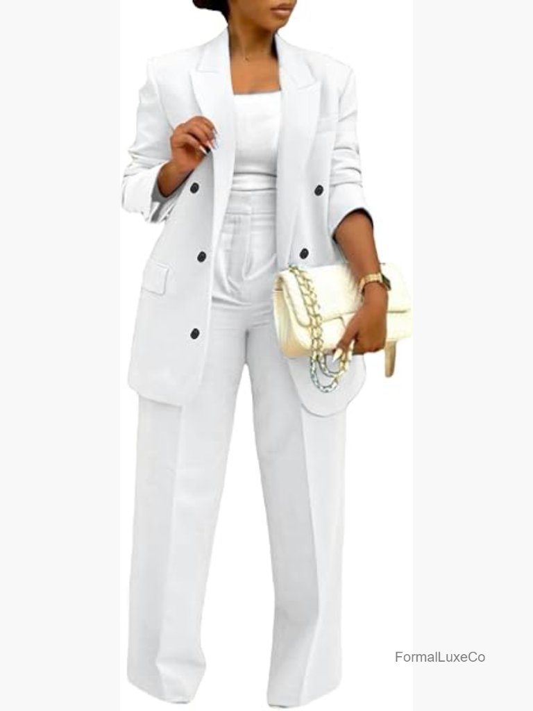 Double Breasted Blazer High Waisted Wide Leg Pants Suits Set 2 Piece Business